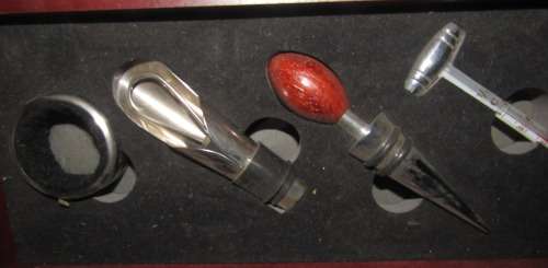 Bar Set In Wooden Stand With Extra Wine Stopper and Cork Screw Bottle Opener