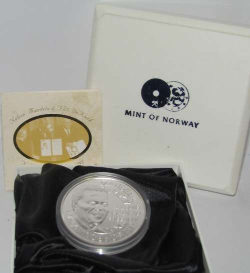 1993 NELSON MANDELA/FW DE KLERK NOBEL PEACE LAUREATES MINT OF NORWAY 1 OZ SILVER