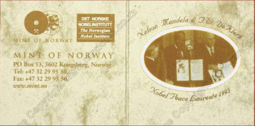 1993 NELSON MANDELA/FW DE KLERK NOBEL PEACE LAUREATES MINT OF NORWAY 1 OZ SILVER