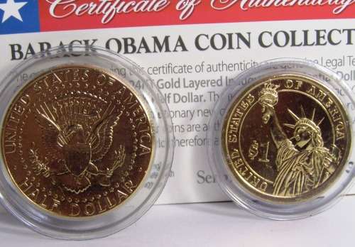 24KT GOLD LAYERED US INAUGURAL 2008 DOLLAR AND HALF US DOLLAR BARACK OBAMA INAUGURATION