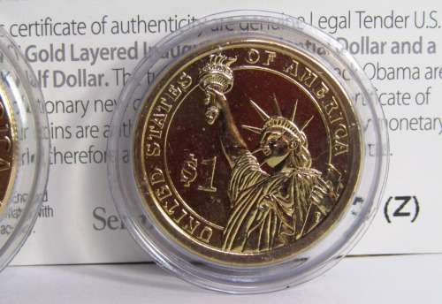24KT GOLD LAYERED US INAUGURAL 2008 DOLLAR AND HALF US DOLLAR BARACK OBAMA INAUGURATION