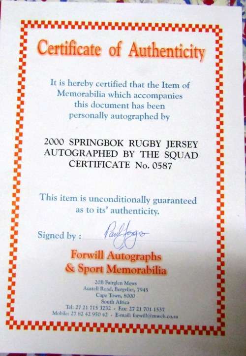 ONLY FOR NOBUAKI MORIGUCHI  SPRINGBOKS SIGNED BY SEVERAL SPRINGBOKS X-Large Jersey 1999 With COA