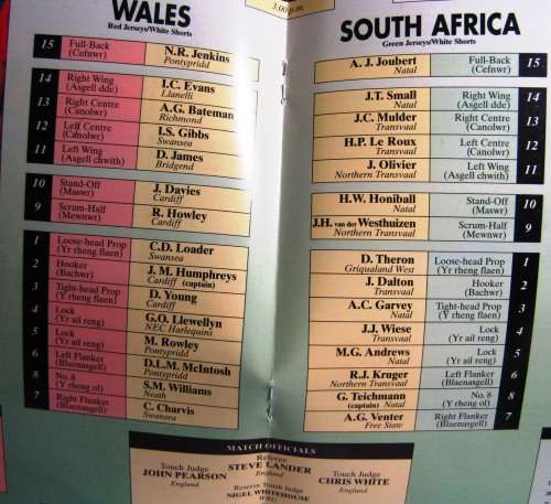 WALES vs SOUTH AFRICA 15 DECEMBER 1996  CARDIFF ARMS PARK