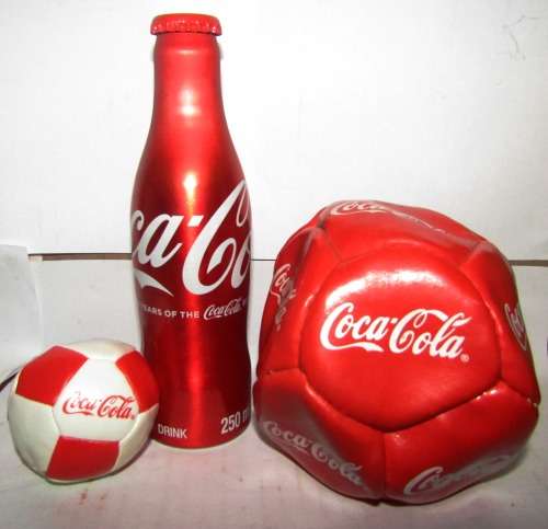 COCA COLA ITEMS X 3 Coke 100 YEARS OLD ALIMINIUM BOTTLE UNOPENED +MINI SOCCER BALL+ FUZ BALL