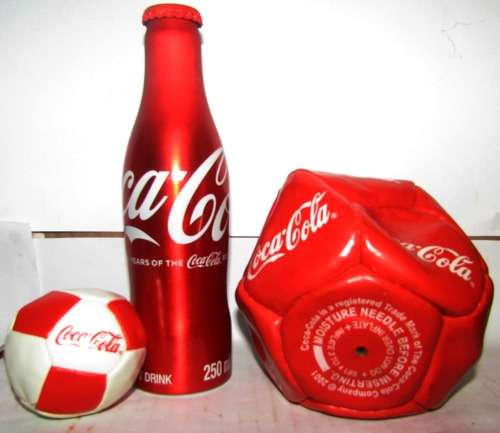 COCA COLA ITEMS X 3 Coke 100 YEARS OLD ALIMINIUM BOTTLE UNOPENED +MINI SOCCER BALL+ FUZ BALL