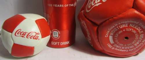 COCA COLA ITEMS X 3 Coke 100 YEARS OLD ALIMINIUM BOTTLE UNOPENED +MINI SOCCER BALL+ FUZ BALL