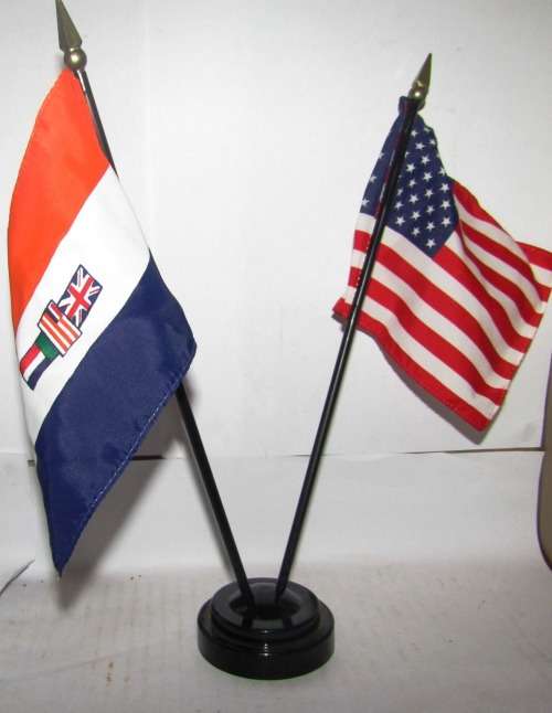 USA  AND OLD SOUTH AFRICAN TABLE FLAGS - DATES FROM THE 80s