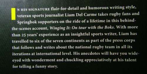 WINGING IT - ON TOUR WITH THE BOKS  BY LIAM DEL CARME