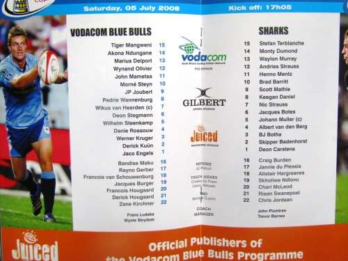 Blue Bulls vs Sharks 5 July 2008  Signed by John Mametsa