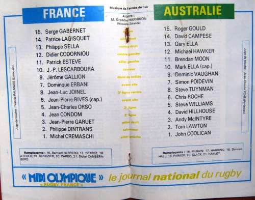 FRANCE vs AUSTRALIA Rugby Match Programme November 1983