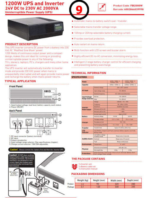 Ellies FBI2000W Power Inverter/UPS 1200W/2000VA with Charger