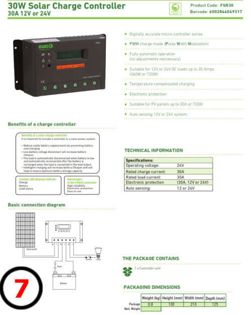 Ellies FSR30 Solar Charge Controller 30A 12v/24v
