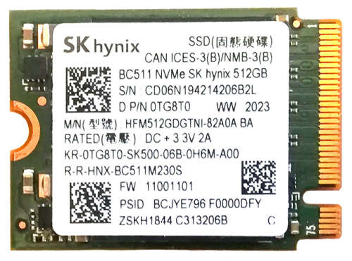 512GB SSD - SK Hynix BC511 PCIe Gen 3×4 NVMe M.2 2230