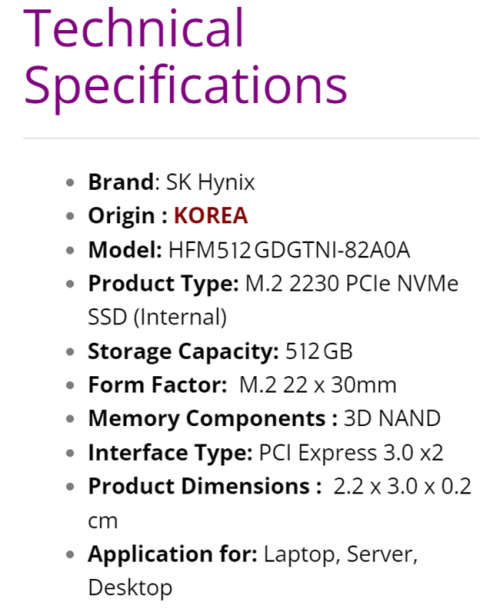 512GB SSD - SK Hynix BC511 PCIe Gen 3×4 NVMe M.2 2230