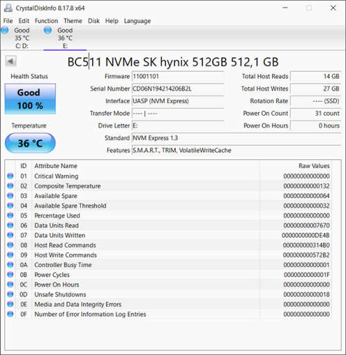 512GB SSD - SK Hynix BC511 PCIe Gen 3×4 NVMe M.2 2230