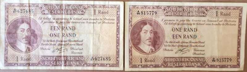 R1 1ST ISSUE 1962 ~ One Rand A87 627685 & A96 815779 ~ Both for one Price