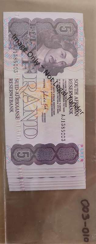 1989 De Kock 3rd issue R5(Five Rand) AJ1385003 to 1385010 ~ Crisp uncirculated ~ consecutive #