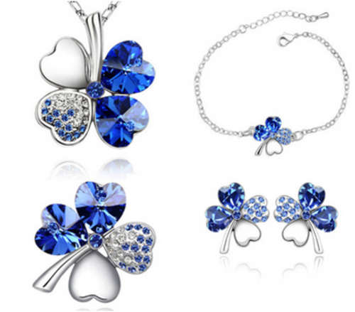 Flower Clover Crystal Jewelry Set (Earrings+Necklace+Bracelet+Brooch)