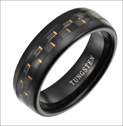 Willis Judd Mens New Black Tungsten Ring With Gold Carbon Fiber In Black