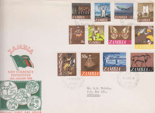 (21) ZAMBIA FIRST DAY COVER OF 1968 âDECIMAL CURRENCYâ S.G 129-140