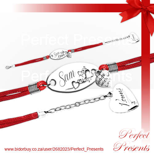 Stainless Steel Bracelet and Heart Charm with Free Engraving (Red)