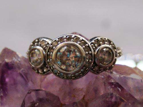 Stunning White Triplet Ring with Pave Setting Accents in Silver .925 - LIKE NEW
