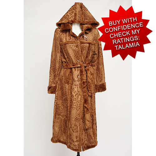 Beautiful ladies long brown coat jacket in soft faux fur with detachable hood