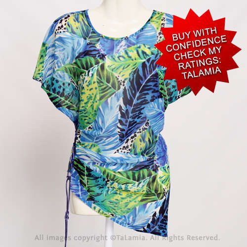 Blue and Green tropical asymmetrical lace up ladies chiffon top