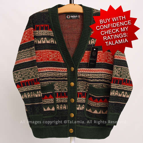 Dark green and red round neck geometric patterns button up jersey