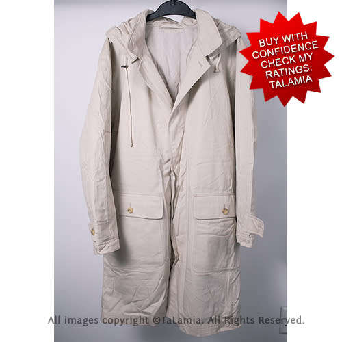 Mens stone cream longer length jacket with so many utility pockets and removable hood