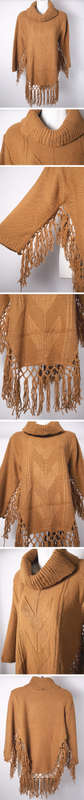Beautiful cowl neck tan brown cable knit wool blend poncho with sleeves and tassles