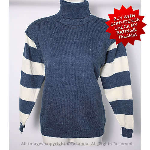 Ladies poloneck jersey with blue and white nautical stripes