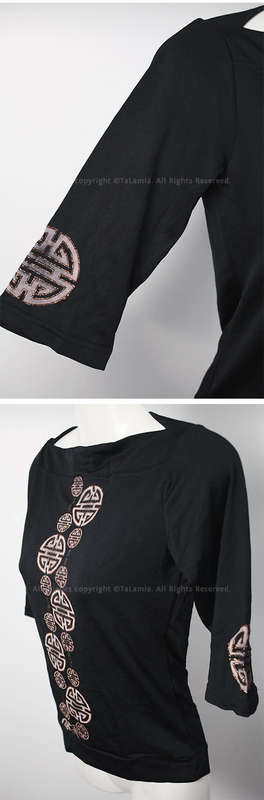 Ladies high stretch three quarter sleeve black asian motif top