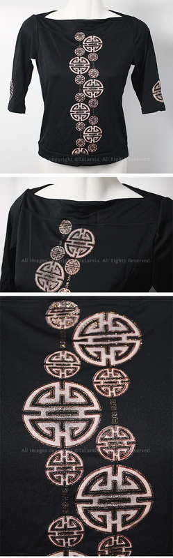 Ladies high stretch three quarter sleeve black asian motif top