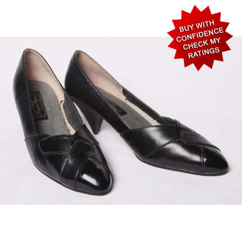 Vintage genuine leather black womens shoes with kitten heels
