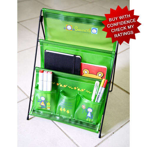 Adorable desk stationery organiser in durable thick green plastic with metal frame