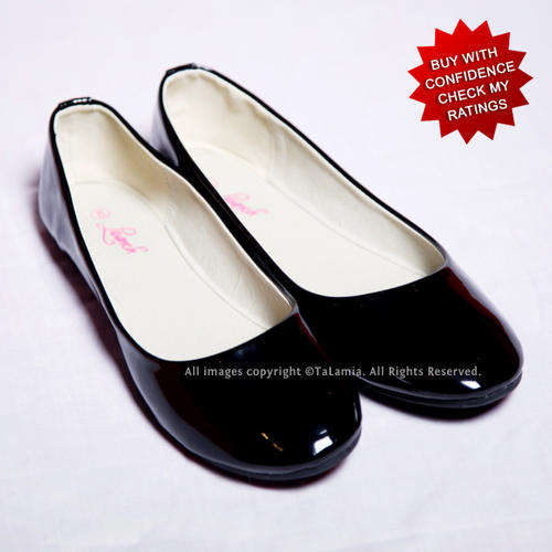 Black shiny PVC flat pumps shoes by UK brand Launch