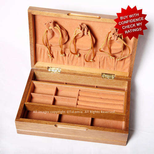 Super luxurious large wood and velveteen jewellery box with multiple compartments and storage pouche