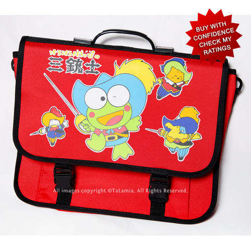 Beautiful red childs or young adults school bag - Keroppi or Koroppi frog and friends as musketeers