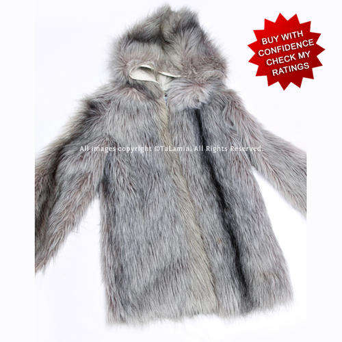 Beautiful WARM ladies grey faux fur winter coat jacket with hood