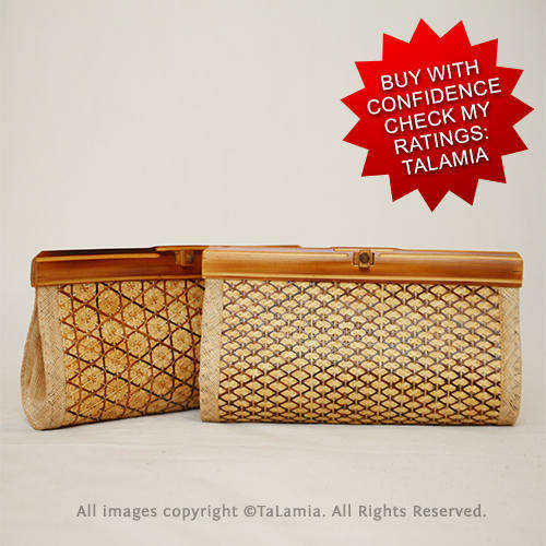 Two beautiful vintage purses made of bamboo woven straw and hessian burlap lining