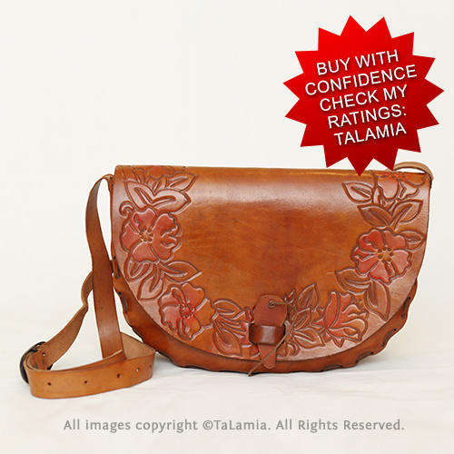 Genuine vintage LEATHER handbag with carved flowers and shoulder strap - never used