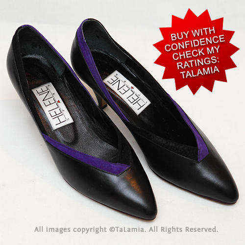 Vintage black genuine LEATHER heels with purple suede accent strip Helene Spark label