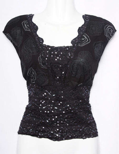 Black linen ladies top with lace and small black shimmering sequince details