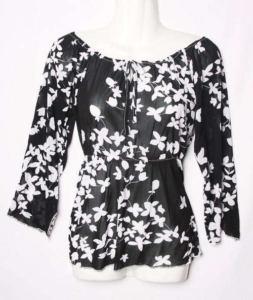 Black with white floral silhouette stretch chiffon wipsy feminine ladies top