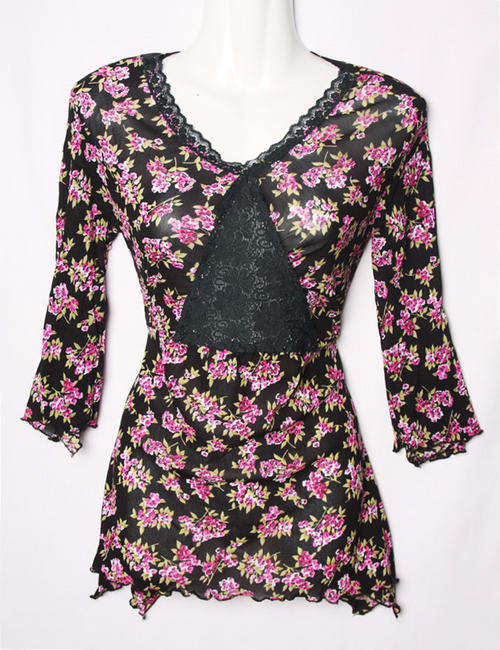 Ladies black chiffon mesh top with lace front and lace collar trim - pink florals