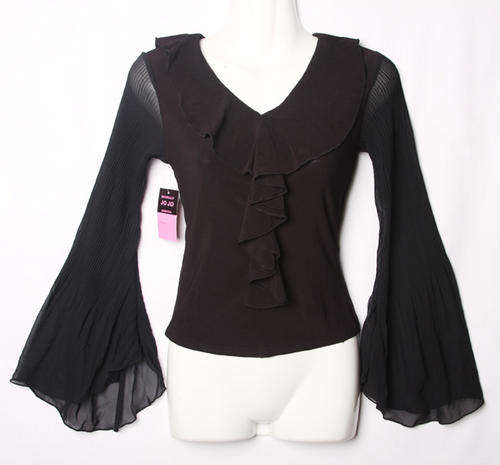 Ladies black stretch top with flaring long chiffon sleeves and front ruffle collar