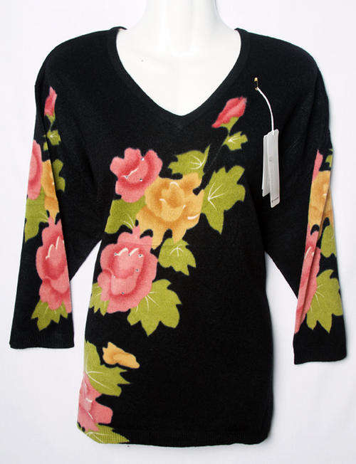 Soft ladies black sweater jersey with colourful flowers and diamente details