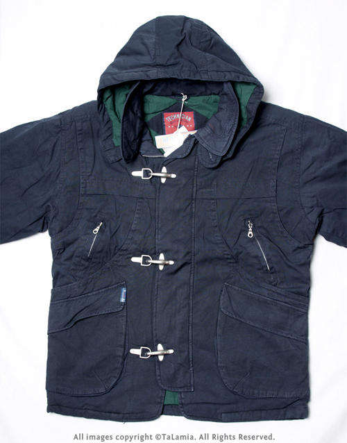 Thick navy black hooded winter jacket with metal clamp closures and green interior