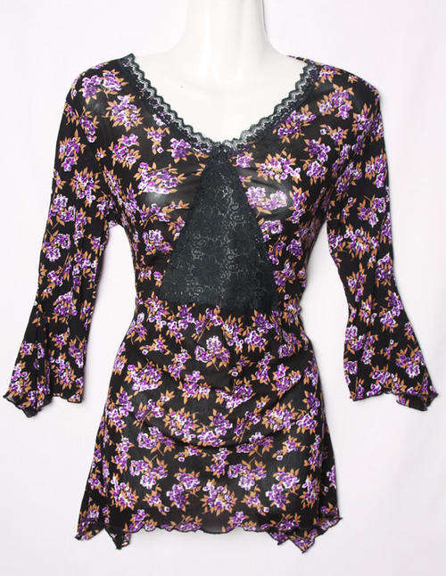 Ladies black chiffon mesh top with lace front and lace collar trim - purple florals